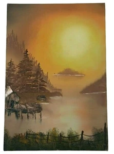 Quadro olio su tela tramonto sul lago vecchie case isola senza cornice 22"x 15" - Foto 1 di 5