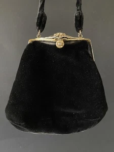 Vintage Art Deco Black Velvet Rhinestone Evening Bag Purse Original Mirror - Picture 1 of 13