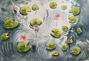 Original Watercolor Modern Artwork Painting Landscape LILIES ON THE POND Arts A5 - Picture 1 of 10