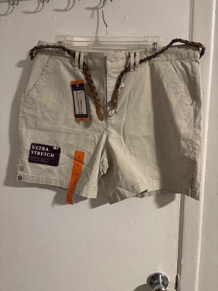 Кремовые шорты Gloria Vanderbilt с желтовато-коричневым плетеным поясом - Изображение 1 из 4