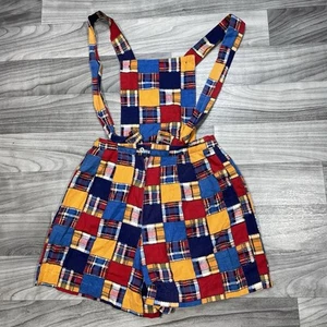 Vintage 70s Rugrats Plaid Overalls Shorts Girls M Multicolor Conmar Zip USA - Picture 1 of 5