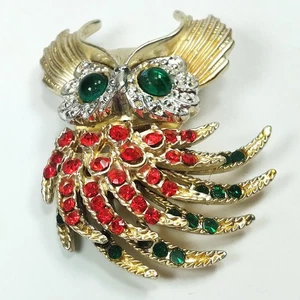Gold & Silver Tone Great Horned Owl Brooch Red Green Rhinestone Feathers Eyes - Bild 1 von 6
