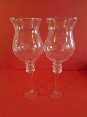 Glass Candle Holders Set of 2 Etched Floral Pattern Tall Decorative - Image 1 of 4