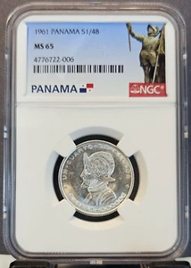 1961 PANAMA SILVER 1/4 BALBOA VASCO NUNEZ DE BALBOA NGC MS 65 NICE FROSTY GEM BU - Picture 1 of 3