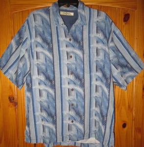 TOMMY BAHAMA Blue PALM FRONDS/STRIPES s/s BUTTON FRONT Silk CASUAL SHIRT Men L - Picture 1 of 3