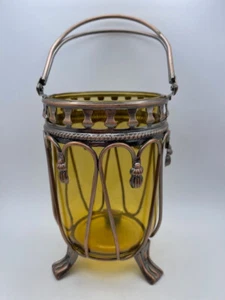 Vintage Amber Glass Jar w/ Metal Frame Handle Feet Tassel Detail Boho Decor - Picture 1 of 8