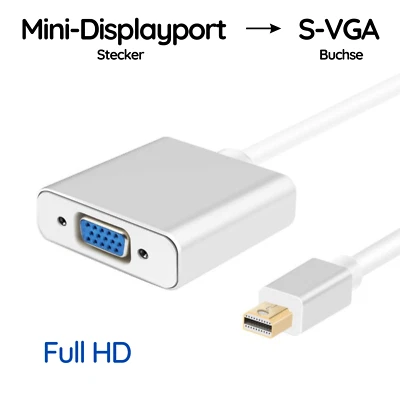Mini-Displayport Stecker auf S-VGA Buchse Adapterkabel Silber Full HD Vergoldet - Bild 1 von 4