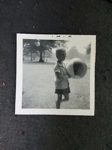 Vintage Press Photo Black & White Little Boy with Beach Ball Jun 1956 3.5"x3.5" - Picture 1 of 2