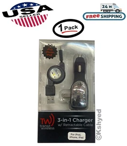 3 in 1 USB Cable w/ Retractable Power Charger for iPod, iPad & iPhone (1 Pack) - Picture 1 of 6
