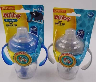 Lote de 2 tazas Nuby No-Spill 360 con peso de paja GripN’Sip gris y azul nuevas Foto 1 de 3