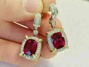 4Ct Oval Cut Lab-Created Red Ruby Drop Dangle Earrings 14K Yellow Gold Plated - Picture 1 of 4