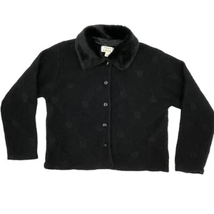 Vintage Cardigan Sweater Women's Faux Fur Collar Embroidery Roses Black Tally-Ho - Picture 1 of 11