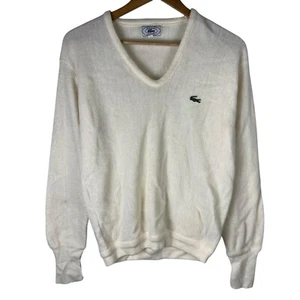 Vintage 80s Izod Lacoste Mens L V-Neck Sweater Ivory Pullover USA Union Classic - Picture 1 of 9