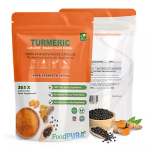Turmeric (Curcumin) Capsules 2400mg + Organic Black Pepper x 365 High Strength - Picture 1 of 11