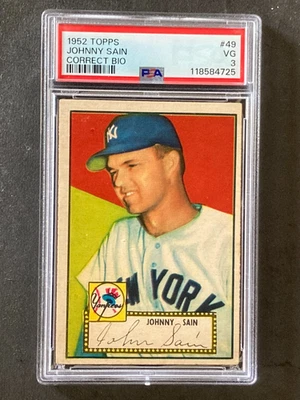 1952 Topps #49 Johnny Sain Correct Bio Red Back PSA 3 - Image 1 of 2