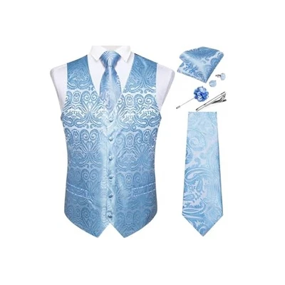  Mens Vest and Tie Set Formal Paisley Waistcoat and Necktie Small Light Blue - Image 1 of 4