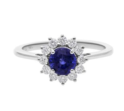 18k White Gold Round Blue Sapphire and Lab Grown Diamonds Halo Engagement Ring - Image 1 of 4