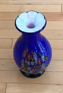 Vintage Murano Millefiori Vase Italy Art Glass Blue Multicolored 2 sided designs - Picture 1 of 7