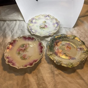 3er Set R.S Preußen Porzellan Aufsteller Teller Dessert Rosen Goldrand Antik - Bild 1 von 9