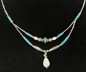 Nicky Butler Sterling Turquoise Double Strand Necklace w/ Rose Beads & MOP Drop  - Picture 1 of 12