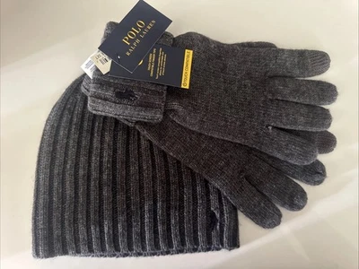Polo Ralph Lauren Men's Grey Beanie Hat & Glove Set NEW Touch Compatible Gloves - Image 1 of 4