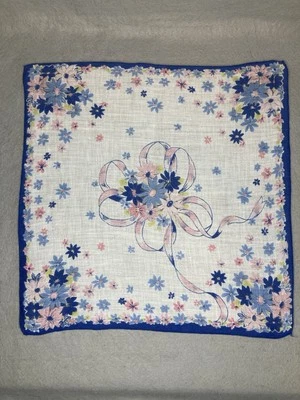 VTG Floral & Ribbon Bow Handkerchief Blue Pink Yellow 12” x 12” Hanky - Image 1 of 4