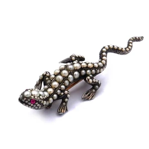 Antike Salamander Brosche mit Orientperlen in Silber und Gold um 1890 L: 7 cm - Bild 1 von 6