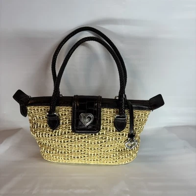 BRIGHTON Bolso de Mano Cuero Trenzado Tejido Paja Rafia Cartera Corazón Y2K Foto 1 de 4