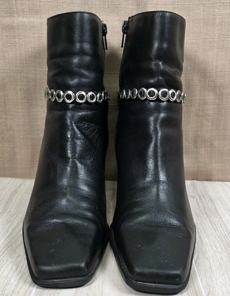 MARKON 90s Carson Black Leather Silver Chain Square Toe Moto Ankle Boots Size 7M - Image 1 of 4