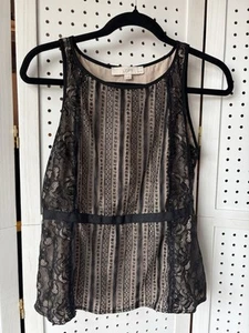 Ann Taylor LOFT Tan with Black Lace Overlay Sleeveless Blouse NWT 6P Petite - Picture 1 of 5