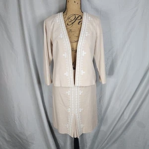KASPER Ropa Deportiva Talla 8 Beige 2 piezas Falda Traje Bordado Mezcla de Lino Frente Abierto - Imagen 1 de 13