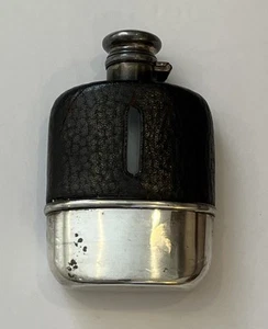Antique Flask Sterling Silver 207 Leather Glass Hip Flask 4.5" X 3" X 1" - Picture 1 of 8