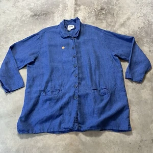 Flax Jacket Womens Sz 24/26 Blue Tunic Button Front Pockets Linen 3/4 Sleeve - Picture 1 of 9