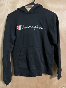 Champion Hoodie Youth Extra Large Pockets Sweatshirt Script Logo Black - Picture 1 of 4