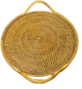 Pampered Chef Woven Selection Rattan Double Handled 17" Serving Tray Wood Bottom - Picture 1 of 8
