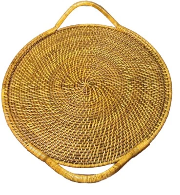 Pampered Chef Woven Selection Rattan Double Handled 17" Serving Tray Wood Bottom - Image 1 of 4