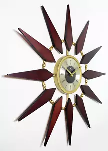 Retro 30 inch Mid-Century Gold Walnut Sunburst Wall Clock Vintage Home Office  - Picture 1 of 11