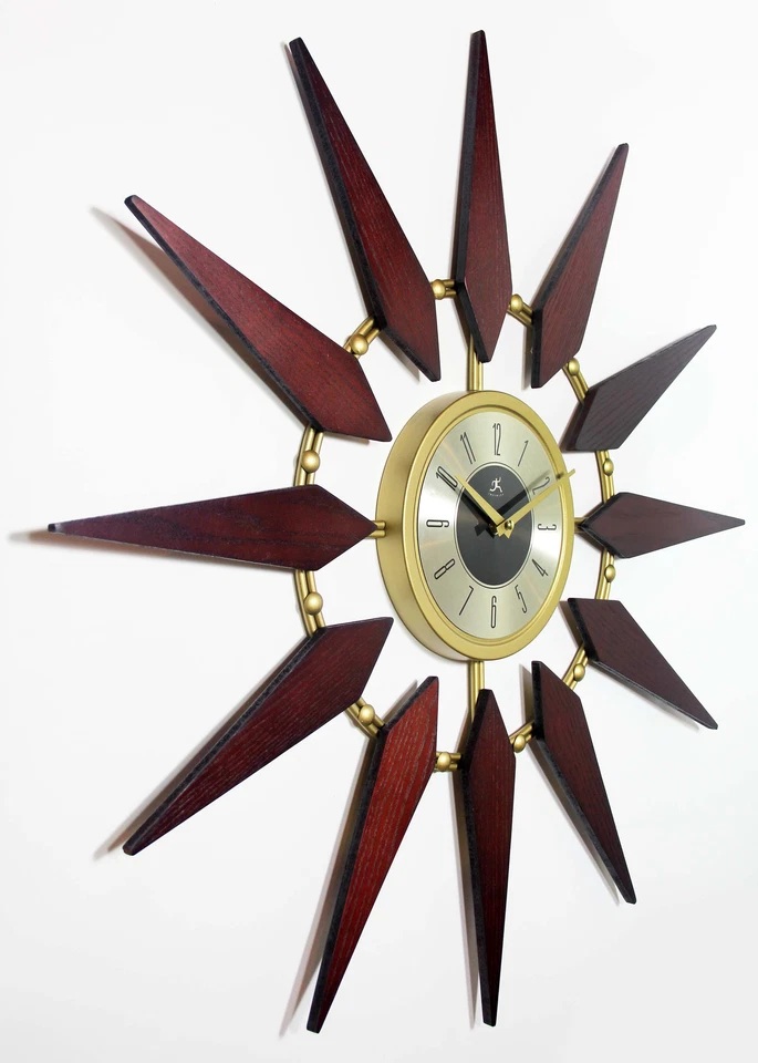 Retro 30 inch Mid-Century Gold Walnut Sunburst Wall Clock Vintage Home Office  - Image 1 of 4