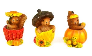 Fairy Garden Fun Fall Farmers Market Squirrels Pumpkin Miniature SET 3 Figurines - Picture 1 of 1