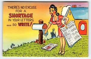 Tarjeta postal de lino de los años 40 Women Says There No Excuse for a Shortage in Your Letters - Imagen 1 de 2