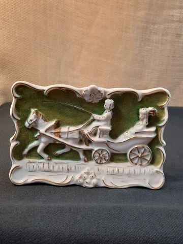 Antique Porcelain Green Brushed Man and Lady Horse Carriage Wall Plaque 1909 Cover