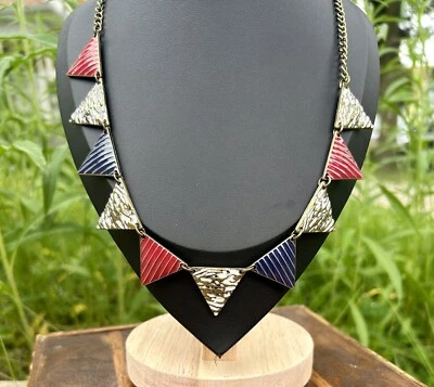 Statement Necklace Triangle Red White Blue Gold Tone Enamel  - Image 1 of 4
