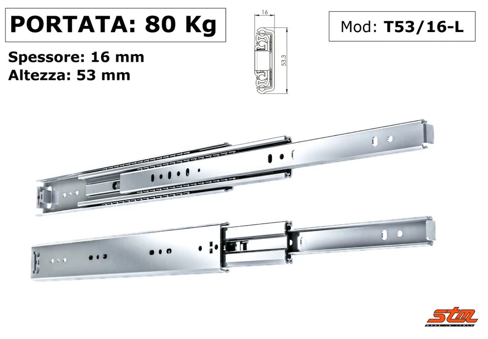 COPPIA GUIDE SCORREVOLI a SFERE per CASSETTI 80 kg Estrazione Totale T53/16L - Immagine 1 di 1