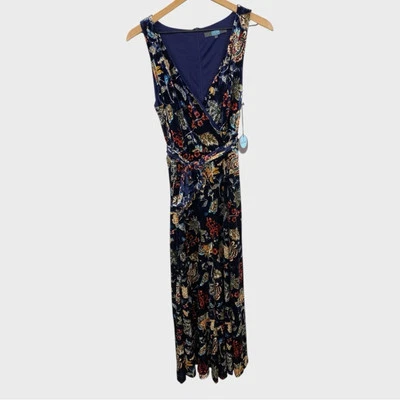 Mono Eva Franco Nuevo con Etiquetas Azul Multicolor Floral Terciopelo Cinturón Pierna Ancha Talla 10 Foto 1 de 4