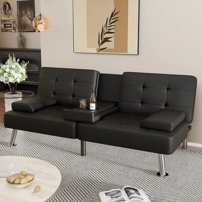 Sofá cama futón plegable de cuero moderno sofá con 2 portavasos, reposabrazos extraíble Foto 1 de 4