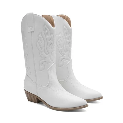 Mujeres Botas de Vaquero Bordadas Cosidas Botas del Oeste Medio Pantorrilla Botas de Vaquera Foto 1 de 4