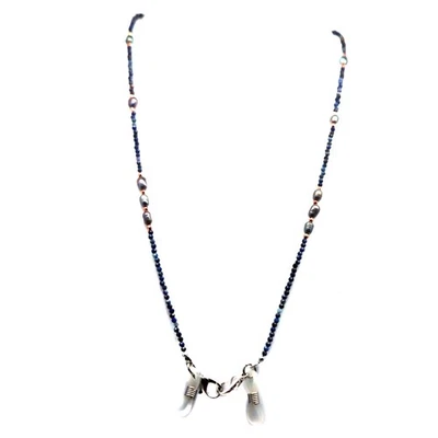 925 Silver Gray Baroque Pearl & Blue Sapphire Face Mask Necklace Holder 29in - Image 1 of 4