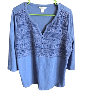 Cj Banks Talla 1X Camisa Top Azul Manga 3/4 Crochet Encaje (Lt) - Imagen 1 de 4