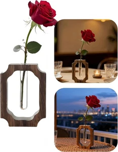 Solid Wood Frame Glass Tube Vase Single Bud Tabletop Home Office Decor - Picture 1 of 5