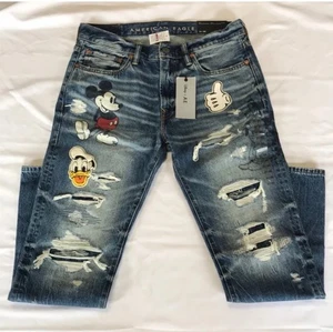 Disney X American Eagle Outfitters AE Men’s 26 X 28 Slim Fit Denim Jeans Mickey - Picture 1 of 9